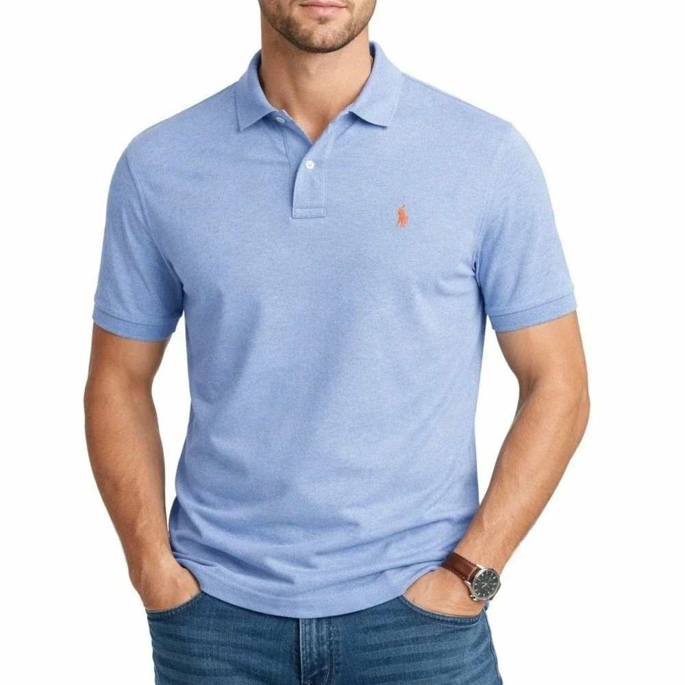Polo Ralph Lauren Shirt Mens‎ XL Light Blue Short Sleeve Cotton Polo Orange Pony